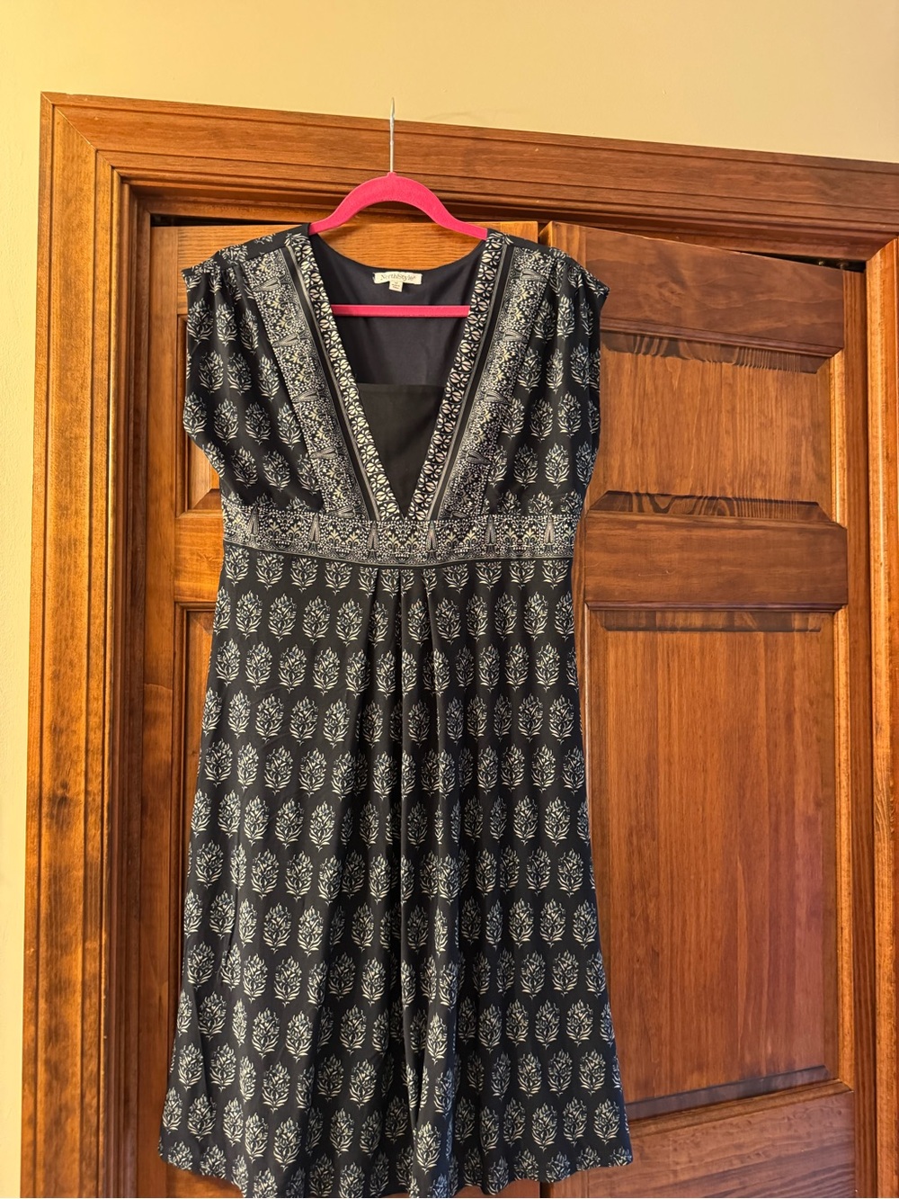 Navy V-Neck Patterned Women's Dress